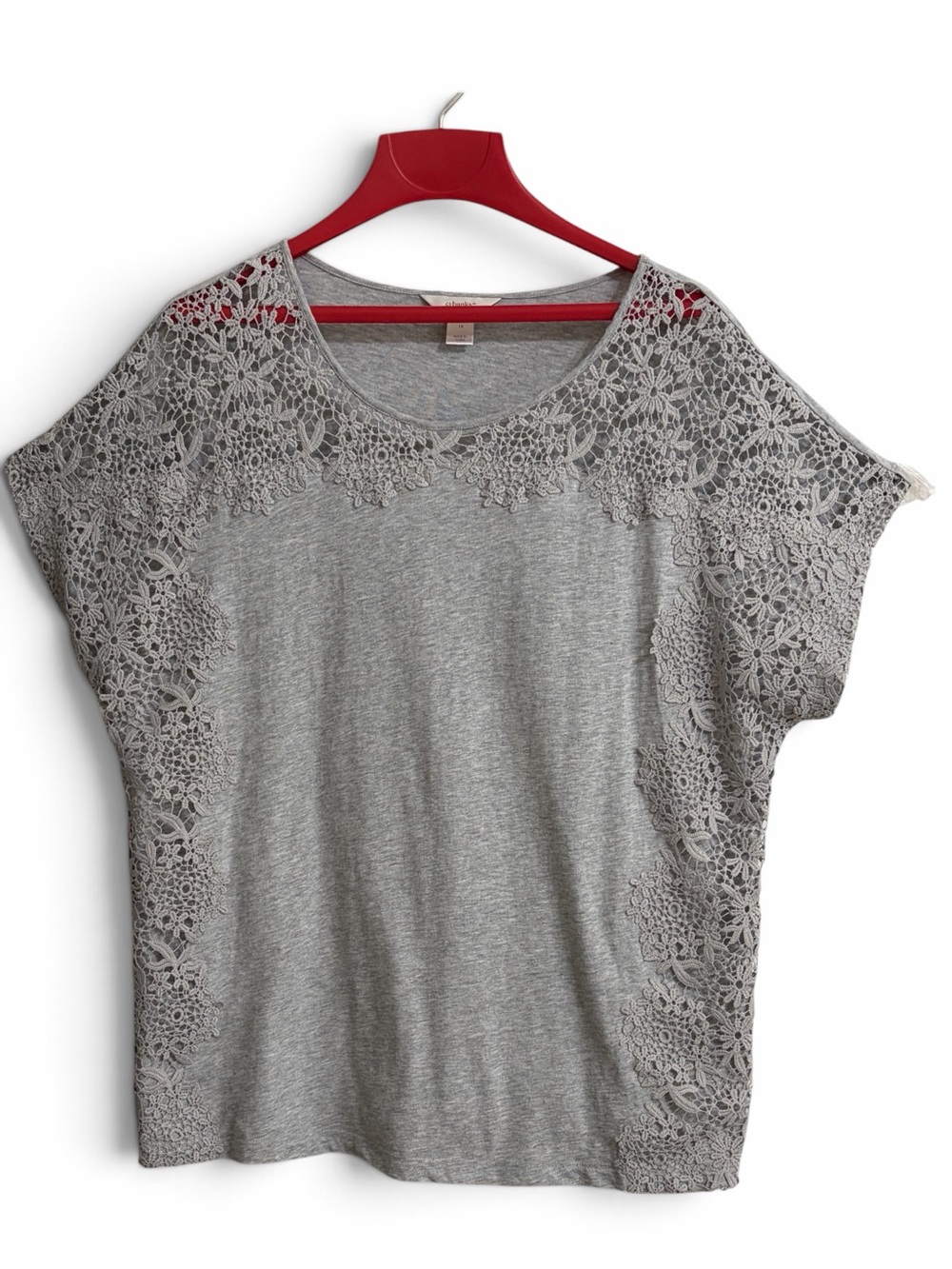 CJ Banks Grey Lace-Trim Short Sleeve Tee 1X
